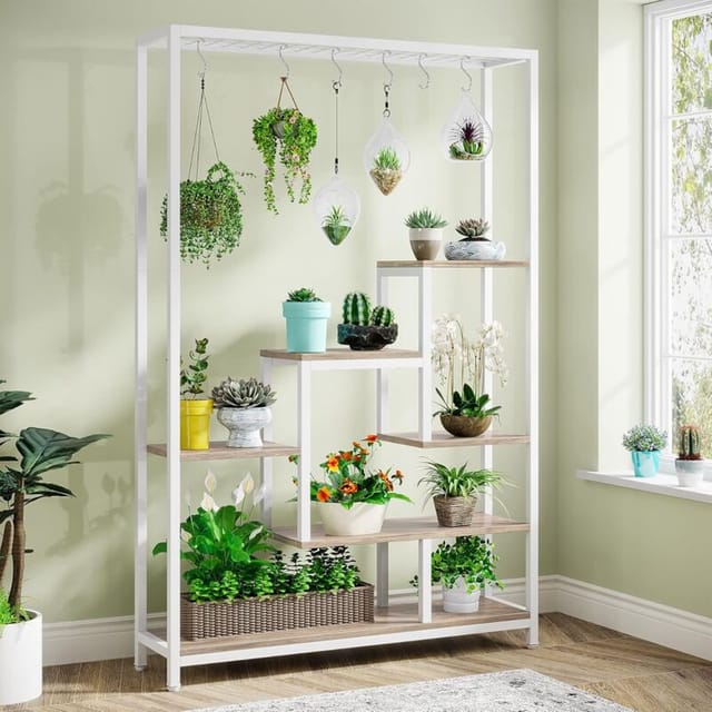 Tribesigns - Blumenständer, 5-tier Pflanzenständer, 180 Cm Hoch Metall Pflanzenregal Mit 10 S Haken, Blumenregal Für Indoor Balkon Boden Blumentreppe Wohzimmer, Weiß Und Beige