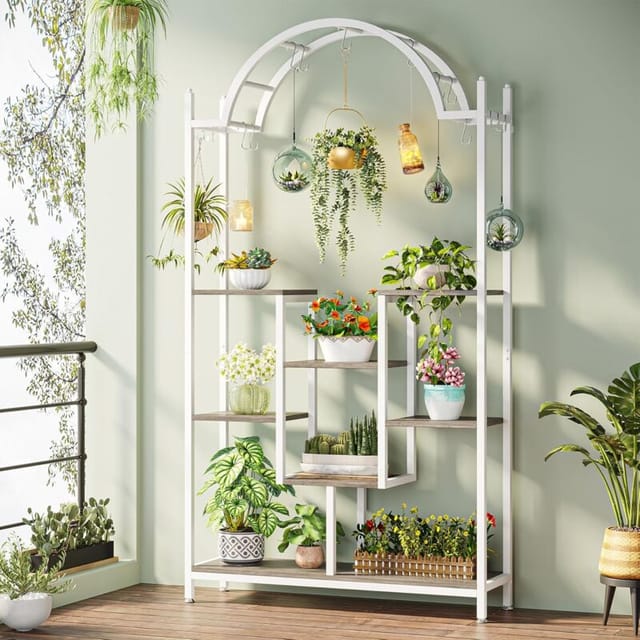 Pflanzenständer Für Den Innenbereich, 5 Etagen, Gewölbtes Metall-blumenregal Mit Haken Zum Aufhängen, Großes Bonsai-topf-display Für Garten, Balkon, Wohnzimmer, Weiß Und Grau - Tribesigns