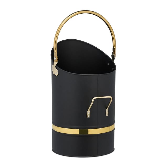 Relaxdays - Kohlenschütte, 12l, Eisen, Kohleeimer mit Griff & Henkel, Kohlekorb zum Nachfüllen, Kamin, Grill, schwarz/gold