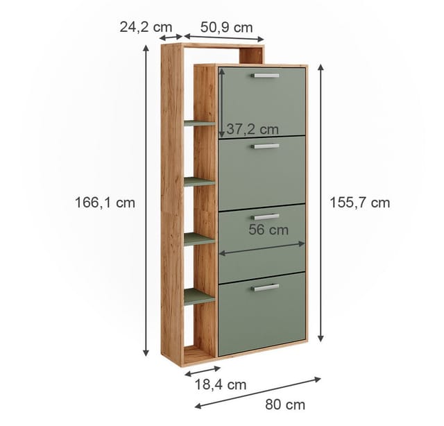 Vicco - Schuhkipper Orlando, Goldkraft Eiche/Grün, 80 x 166.1 cm mit 4 Fächern