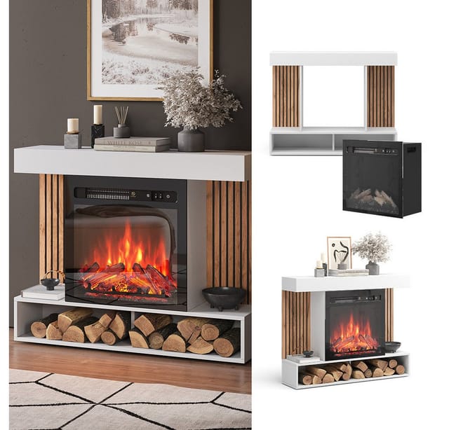 Vicco - Elektrokamin Lynea, Weiß, 100 cm mit realistischem Flammeneffekt und Heizung 1800W