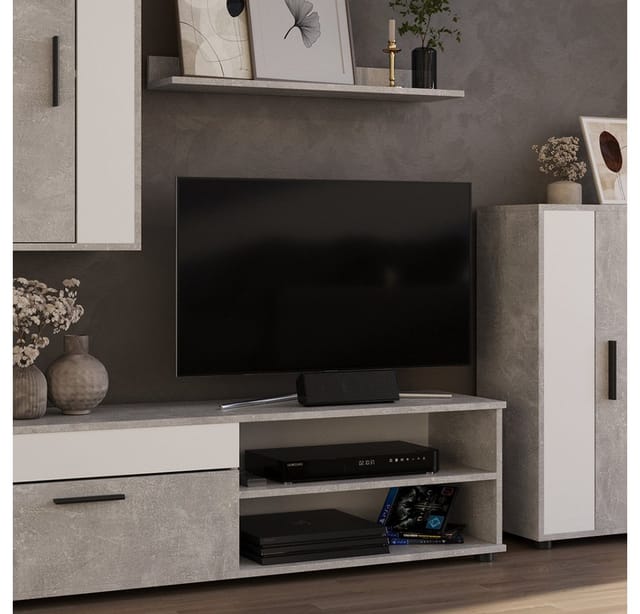 Wohnwand Berno, Beton/Weiß, set, 4 Teile, Vicco