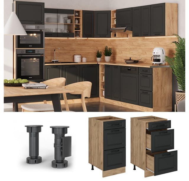 Küchenunterschrank R-Line, Anthrazit Landhaus, 40 cm mit Schubladen, ohne Arbeitsplatte Vicco