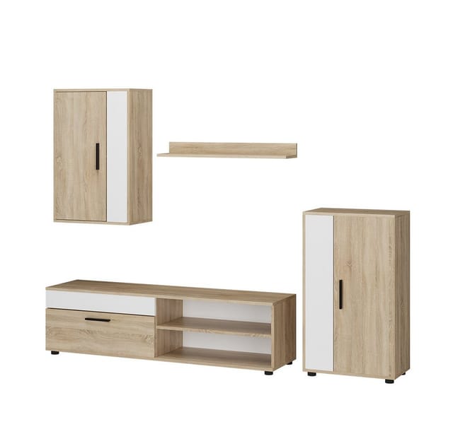 Wohnwand Berno, Sonoma/Weiß, Set, 4 Teile Vicco