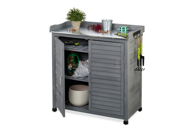 Relaxdays Pflanztisch mit Unterschrank, 3 Haken, Holz, Zinn Arbeitsplatte, HxBxT: 92 x 90 x 45 cm, Gartenschrank, grau