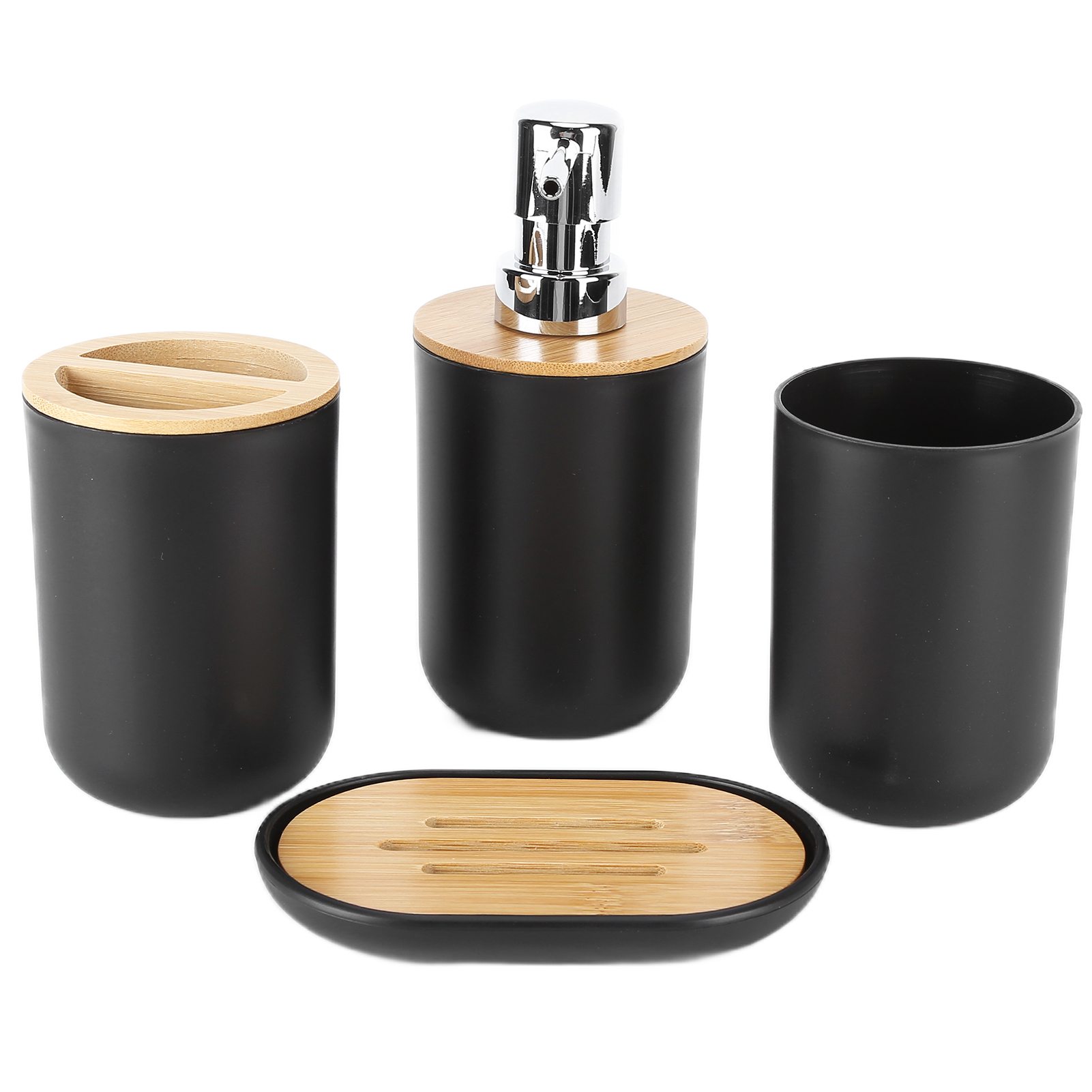 Set Aus 4 Wasserfesten Und Langlebigen Badezimmeraccessoires Aus Bambus, Inklusive Zahnbürstenbecher, Ideal Für Zuhause Und Hotel (schwarz).