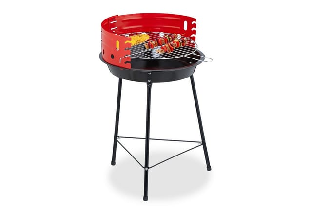 Relaxdays - Holzkohlegrill, ø 37 cm, Dreibein, Picknickgrill Garten & Park, Griller mit Windschutz, Rundgrill, schwarz/rot
