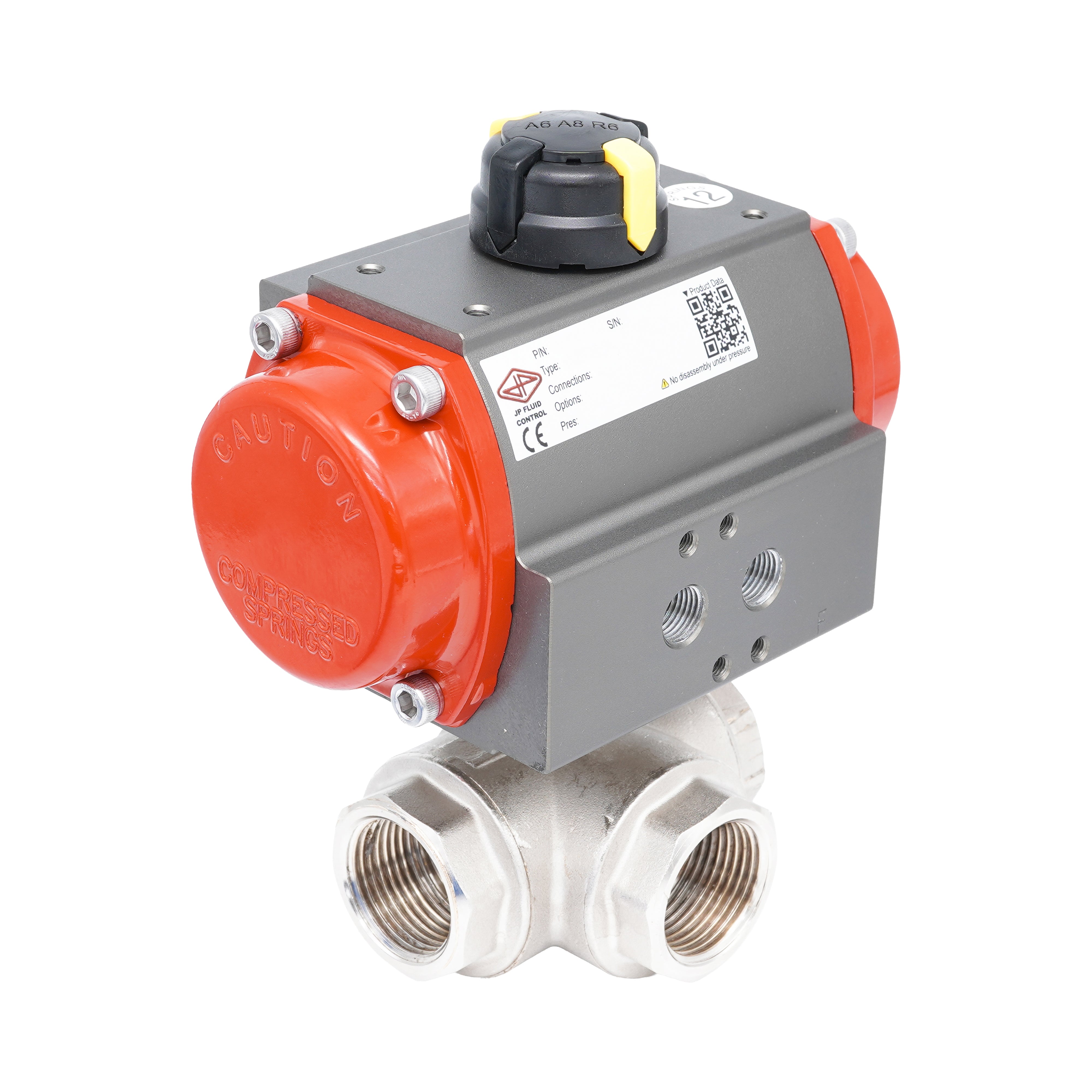 Rp 2" T-Bore 3-Way Pneumatic Brass Ball Valve - Spring Opening
