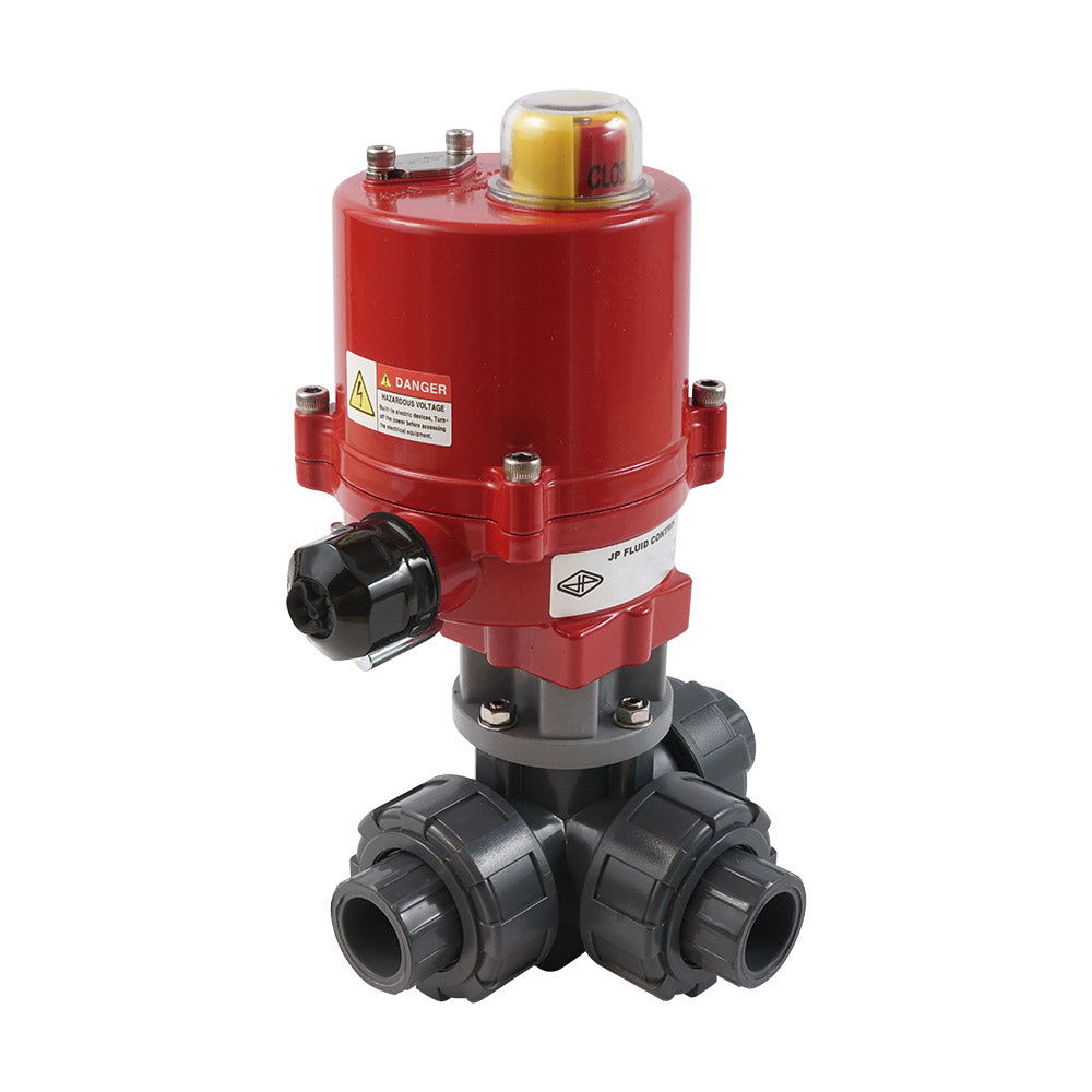 Solvent Socket 50mm L-Bore 3-Way PVC Electric Ball Valve 24 V AC/DC PTFE/EPDM Full Bore