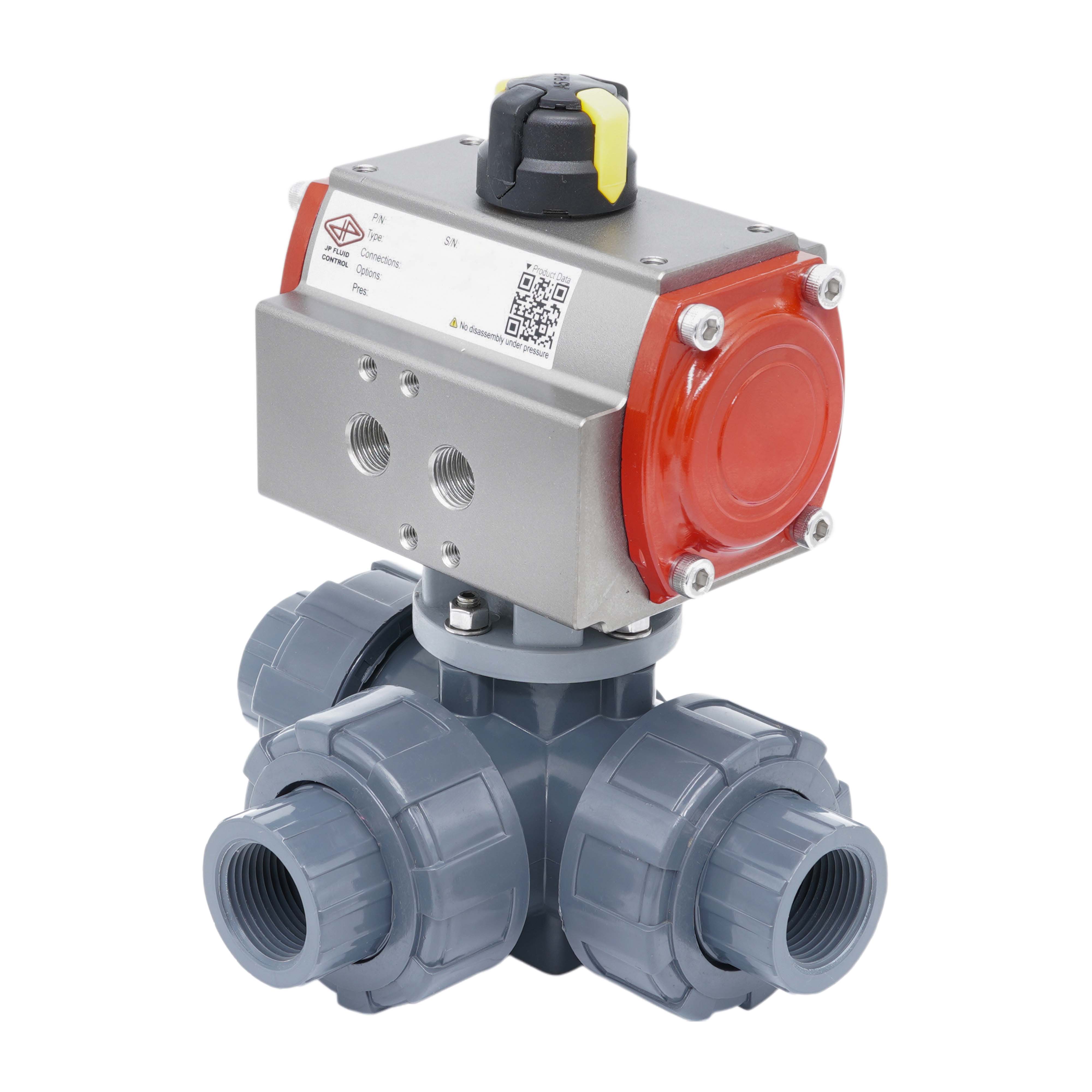 3-Way Pneumatic Ball Valve DN50 T-Bore PVC Spring Closed Full Bore