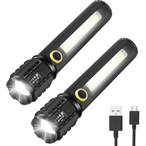 Taktische Led-taschenlampe, 2 Stück, Tragbare Taschenlampe Mit 3 Modi, Verstellbare Und Zoombare Helle Taschenlampen, Wiederaufladbare Led-taschenlampe Für Den Notfall, 14 Cm, Schwarz [energieklasse A