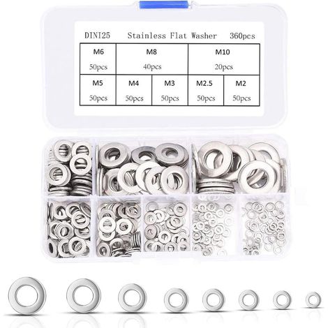 360-teiliges Sortiment An Flachen Unterlegscheiben Aus Edelstahl, M2 M2,5 M3 M4 M5 M6 M8 M10 M12, Metallunterlegscheiben Für Dichtungsschrauben, Dichtungsringe, Wird Mit Box Geliefert