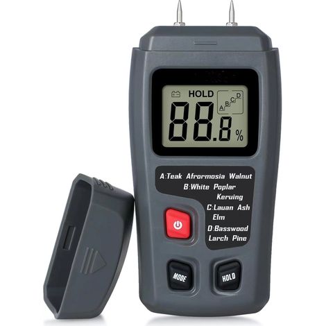 2-poliger Holzfeuchtetester, Digitaler Feuchtigkeitsdetektor Mit Hd-lcd-display, Holzhygrometer, Bereich 0–99,9 %, Genauigkeit 0,5 %, Auflösung +/- 0,1 %, Für Holz, Baumstämme, Beton, Pappe