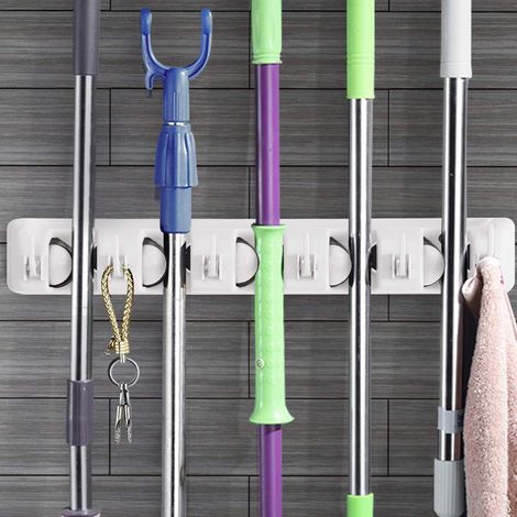 Wandbesenhalter Mit 5 Schlitzen Und 6 Haken/wandbesenhalter Für Badezimmer, Küche Oder Garage – Hellgrau, 40 Cm