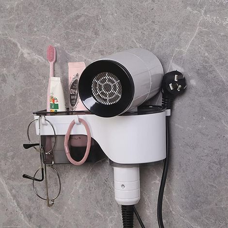 Haartrockner-halter, Wandmontierter Haartrockner-organizer Und Glätteisen-halter, Badezimmer-werkzeugständer-halter Mit Aufbewahrungsregal, Steckdosenhaken Und 2 Haken (schwarz Und Weiß)