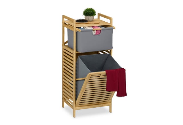 Wäschekorb, kippbarer Wäschesammler, 30 Liter, Ablage & Schublade, Bambus, Stoff, hbt: 95x40x33 cm, natur/grau - Relaxdays