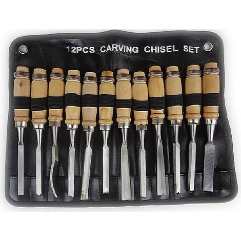 Set Mit 12 Holzmeißeln Aus Legiertem Stahl – Holzgriffe Für Optimale Kontrolle – Inklusive Aufbewahrungstasche – 20 Cm Länge