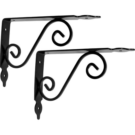 Set Mit 2 Dekorativen Regalhalterungen 200 X 126 X 25 Mm – Farbe: Schwarz – Verstärkte Rechtwinklige Halterungsträger Mit „schmiedeeiseneffekt“ – Zur Wandmontage – Aus Stahl
