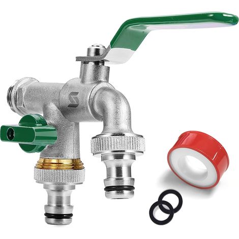 Gartenwasserhahn, 1/2 Zoll Doppelauslaufhahn, Aus Messing, Mit 2 Freien Schlauchanschlüssen, 1x Rollendichtband, Doppelanschluss Und Schlauchende Für (grün)