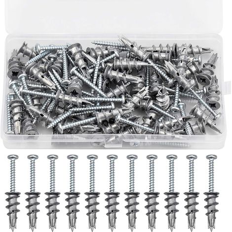 Dehnschrauben-set-kombination Aus Zinklegierung, 100-teiliges Set Mit 50 Schrauben Und 50 Dübeln – Metall Selbstbohrend – Für Gipskarton Und Stab