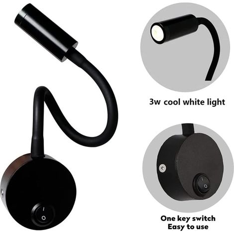 Schwarze 3-w-wandleselampe, Flexible Verstellbare Halswandlampe, Aluminium-schreibtischlampe, Nachttischlampe Mit Schalter, Led-augenpflege