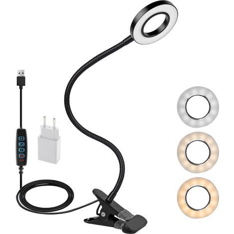 360° Flexible Led-klemmlampe – 3 Modi Und 10 Dimmstufen – Für Kopfteil, Schlafzimmer, Büro – 12 W – Mit Ce-adapter – Schwarz [energieklasse F]
