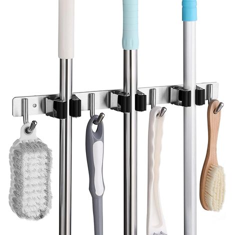 Wandbesenhalter Aus Edelstahl, Wandbesenhalter Mit 3 Schlitzen Und 4 Haken Für Küche, Bad, Garage Und Garten, Schwarz
