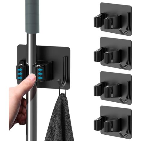 4 Stück Besenhalter, Selbstklebender Wandbesenhalter Ohne Bohren, Mopphalter Mit Haken Für Küche, Badezimmer, Garten, Schwarz