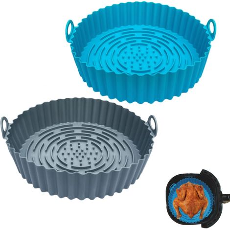 Luftfritteusen-silikontopf, 2 Stück Luftfritteusen-zubehör 20 Cm Rund Und Wiederverwendbares Druckluft-fritteusen-zubehör Für Kochgestell, Bratofen, Mikrowelle (grau + Blau)