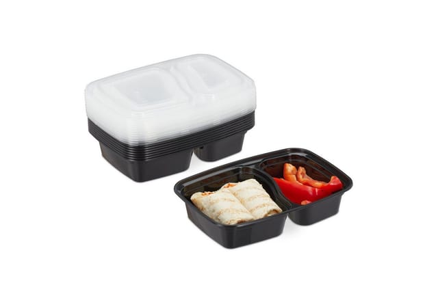 Relaxdays Meal Prep Boxen, 10er Set, 2 Fächer, mikrowellengeeignet, 800 ml, Kunststoff Essensbox mit Deckel, schwarz