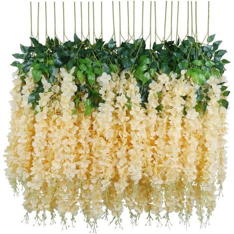 Künstliche Blumen, 24 Stück Künstliche Gefälschte Wisteria Vine Hängende Seidenblumen Zuhause Hochzeit Dekoration (24 Stück, 110 Cm / Jeder Strang, Champagner)