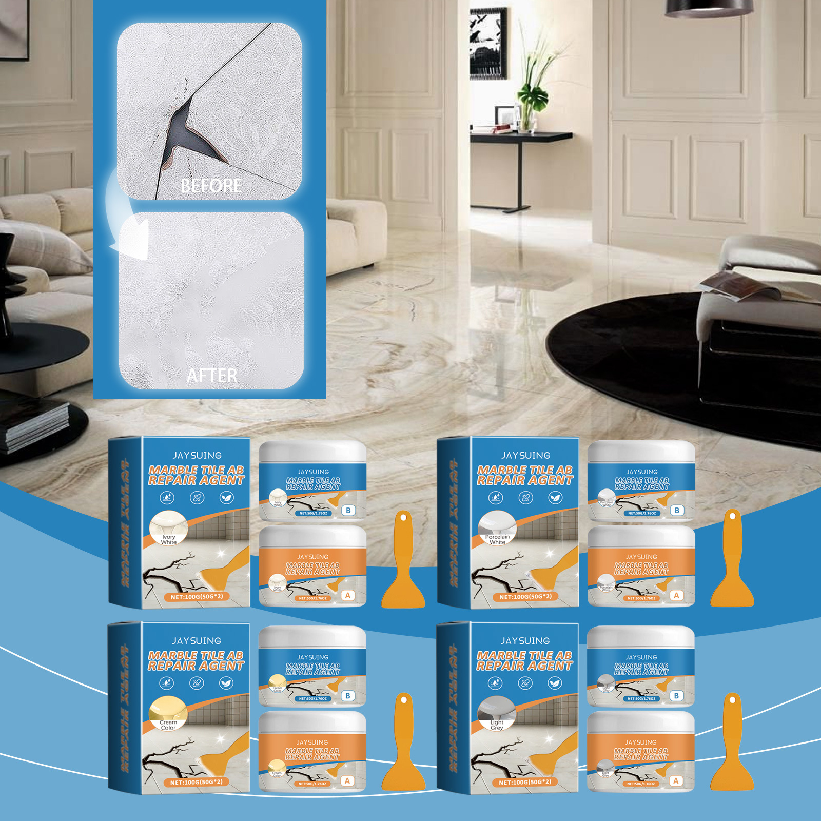 Ab-fugenmörtel Für Marmorfliesen Zur Beseitigung Von Kratzern Und Rissen In Badewannen – Hocheffizienter, Wasserdichter Und Auslaufsicherer Klebstoff – Beige A-kleber 50 G × 1 + B-kleber 50 G × 1 + Sp