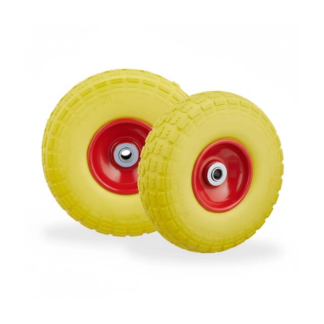 Relaxdays - 2x Sackkarrenrad, Pannensichere Vollgummireifen, 4.1/3.5-4', 16 Mm Achse, Bis 150 Kg, 260x85 Mm, Gelb-rot