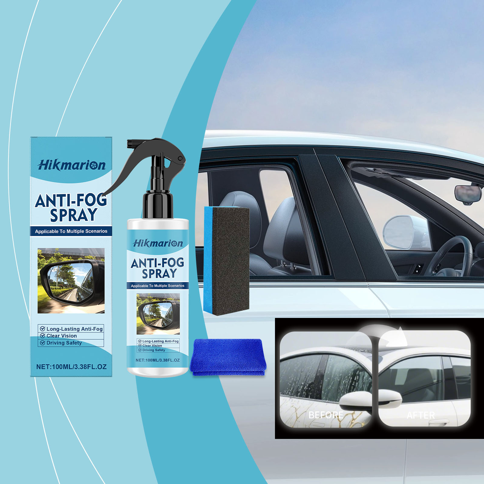 Antibeschlagspray Für Autos, Klarlack Für Bessere Sicht, Antibeschlagspray Für Windschutzscheibe Und Rückspiegel – 100 Ml + 1 Tuch + 1 Schwamm -- Biemmedue