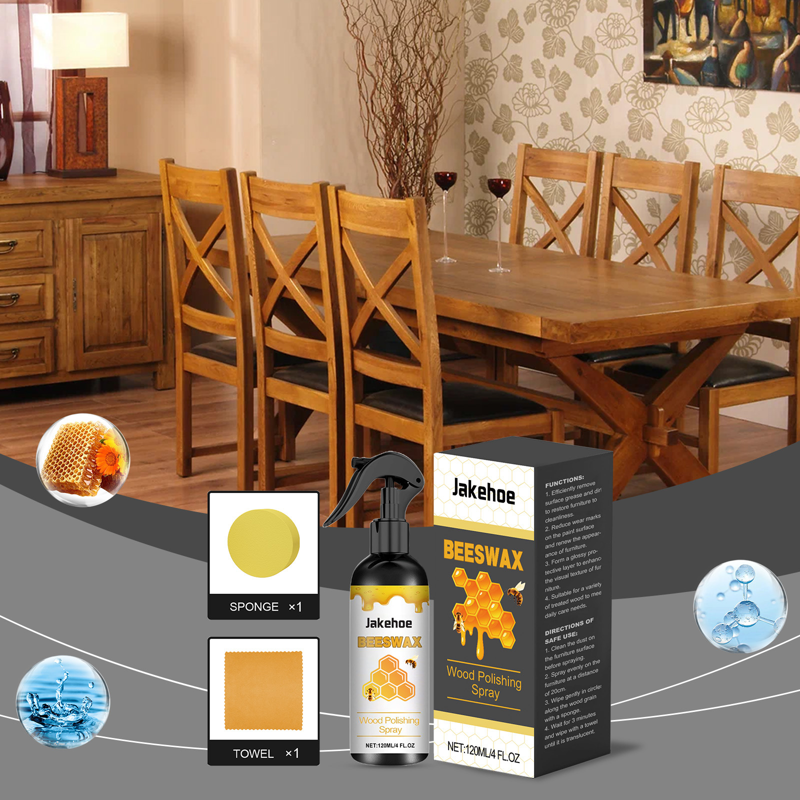 Bienenwachs-pflegespray Für Die Holzreinigung Im Haushalt, Zum Polieren, Entfernen Von Flecken Und Öl Sowie Zur Pflege Von Lacken – 120 Ml + Handtuch + Schwamm -- Biemmedue