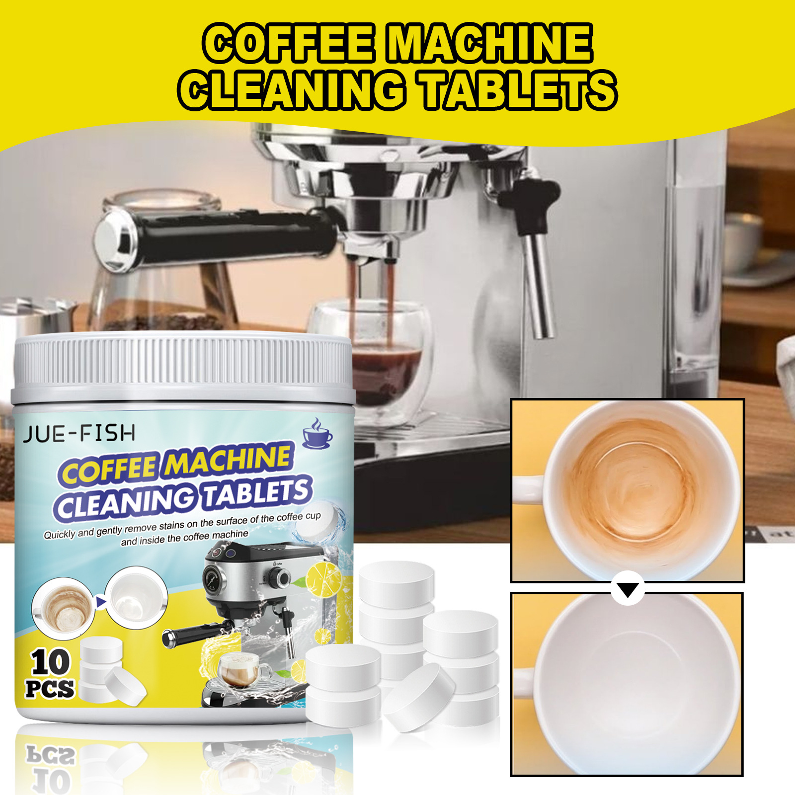 Brausetabletten Zur Fleckenentfernung Bei Kaffeeflecken, Zur Reinigung Von Kaffeeflecken In Kaffeemaschinen, Teeflecken, Keramik Und Edelstahl – 10 Stück -- Biemmedue