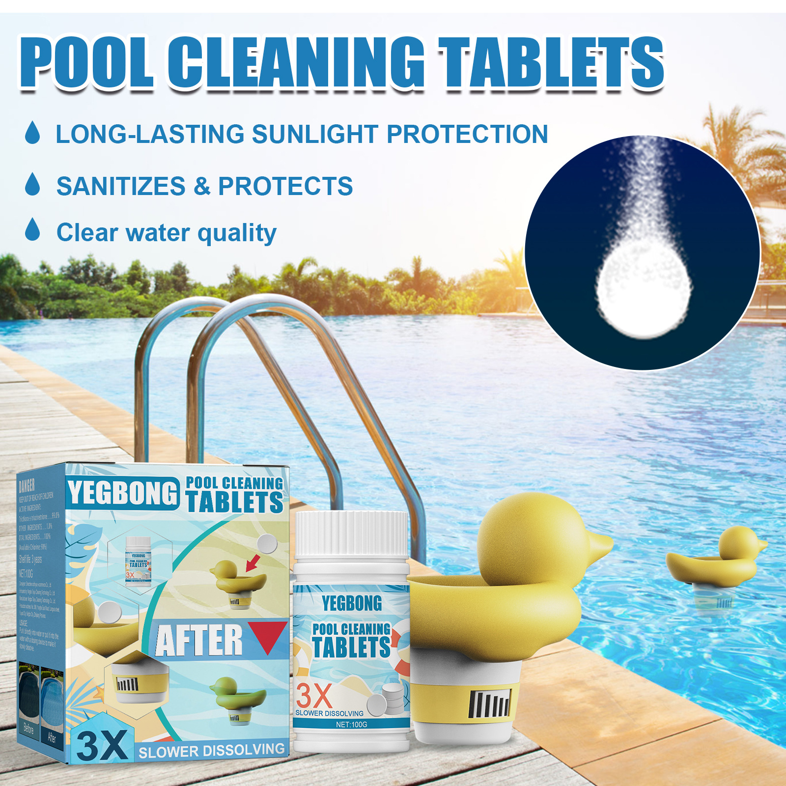 Brausetabletten Zur Poolreinigung, Wasserreinigung, Fleckenentfernung, Klärung, Dosiervorrichtung, Schnell Auflösend, Reinigung Von Thermalbädern Und Badezimmern -- 100 G Brausetabletten + Dosiervorri