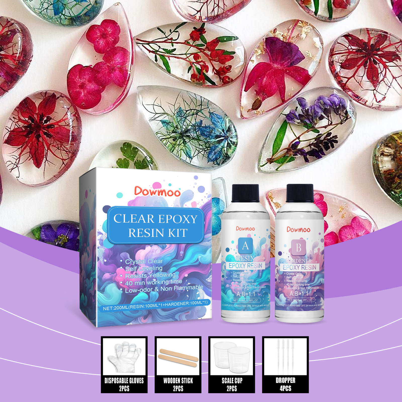 Diy-kristallharz-set: Kreativer Uv-kleber Für Selbstgemachte Bastelarbeiten Und Kristall-epoxidharz – 100 Ml Harz + 100 Ml Härter + 2 Rührstäbe + 2 Messbecher + 4 Pipetten + 2 Handschuhe -- Biemmedue