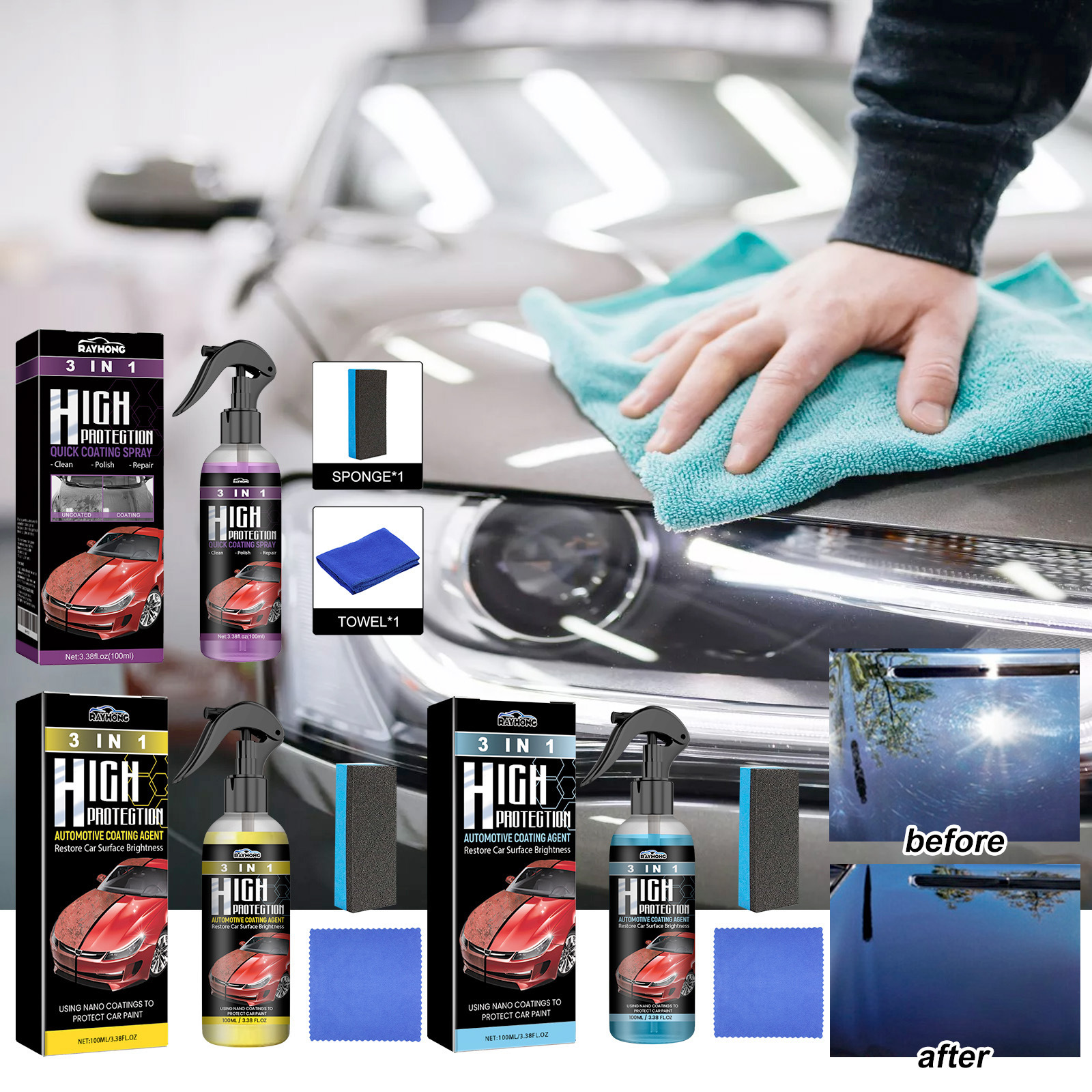Dreifach-beschichtungsmittel-serie Für Autolackschutz, Staubentfernung, Reinigung, Polieren, Restaurierung, Aufhellung Und Pflege – Blaue Version -- Biemmedue