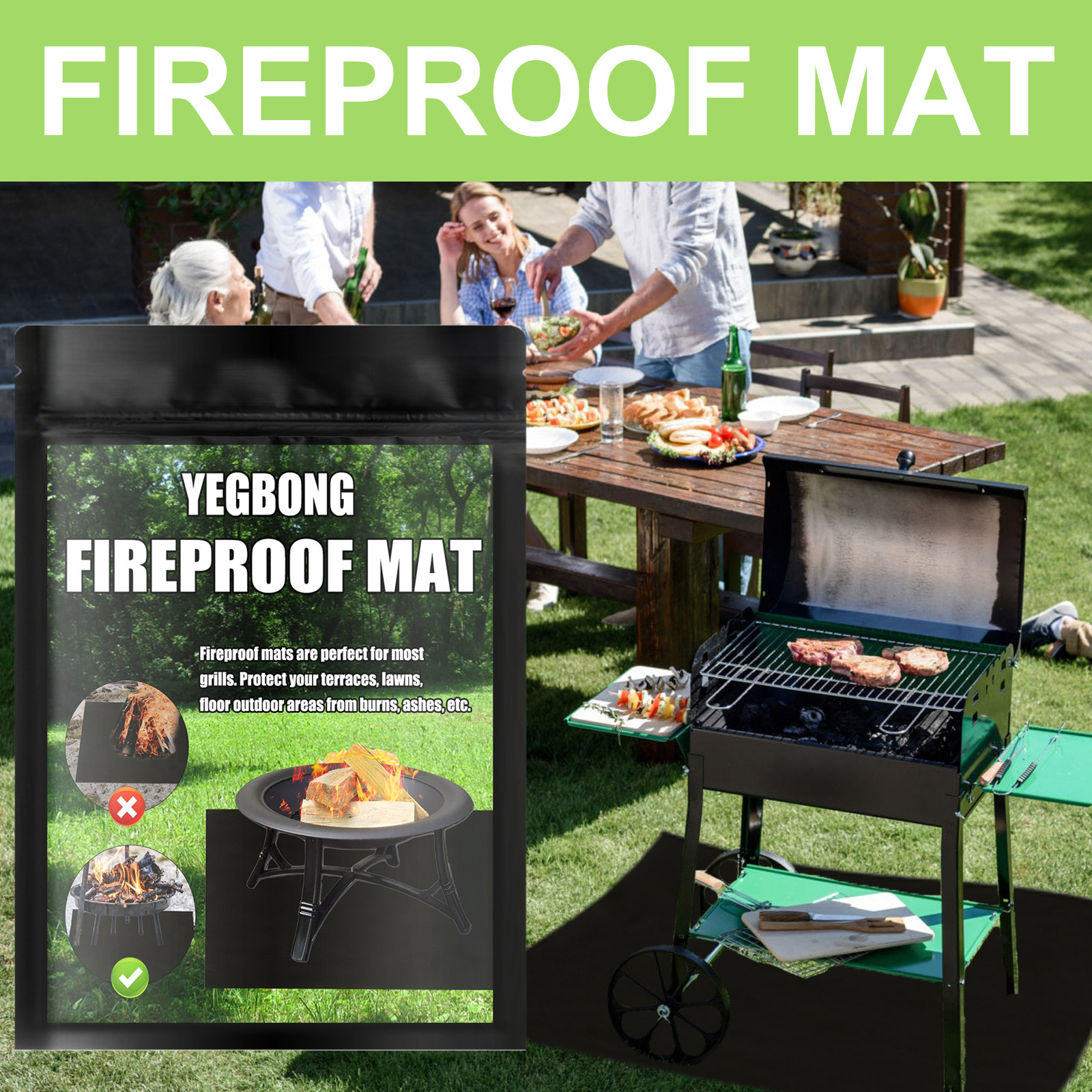 Feuerfeste Kaminmatte, Feuerfeste Grillmatte Für Terrasse, Garten, Schwarze Quadratische Schutzmatte – Schwarzer Rechteckiger Beutel (39 X 72 Zoll) -- Biemmedue