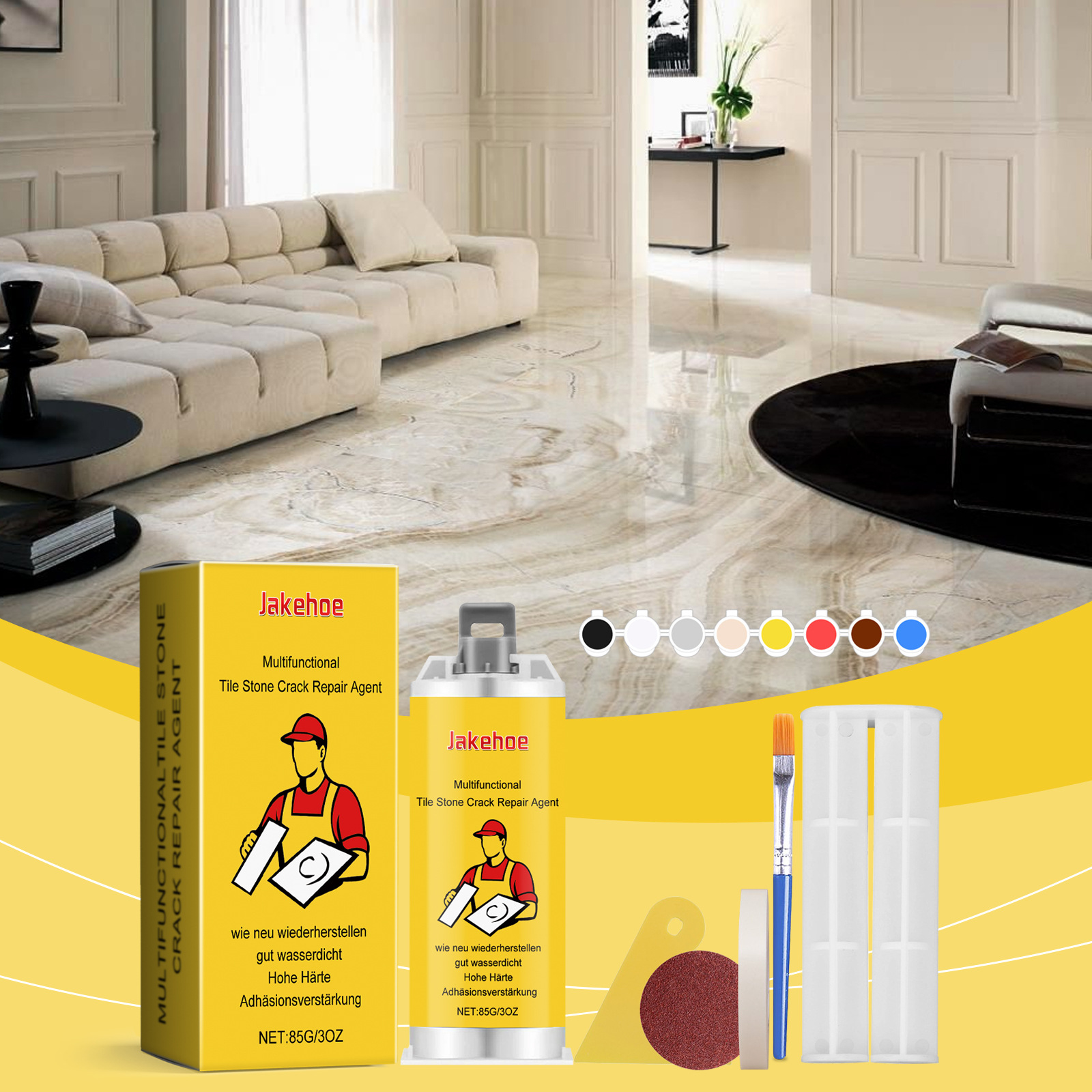 Fliesenreparaturkleber Für Risse, Fliesenreparatur, Glasurreparatur, Marmorreparatur, Lochfüllung, Keramikreparatur – 85 G + Schiebestab + Spachtel + Aquarellpinsel + Abklebeband + Rundschleifpapier +