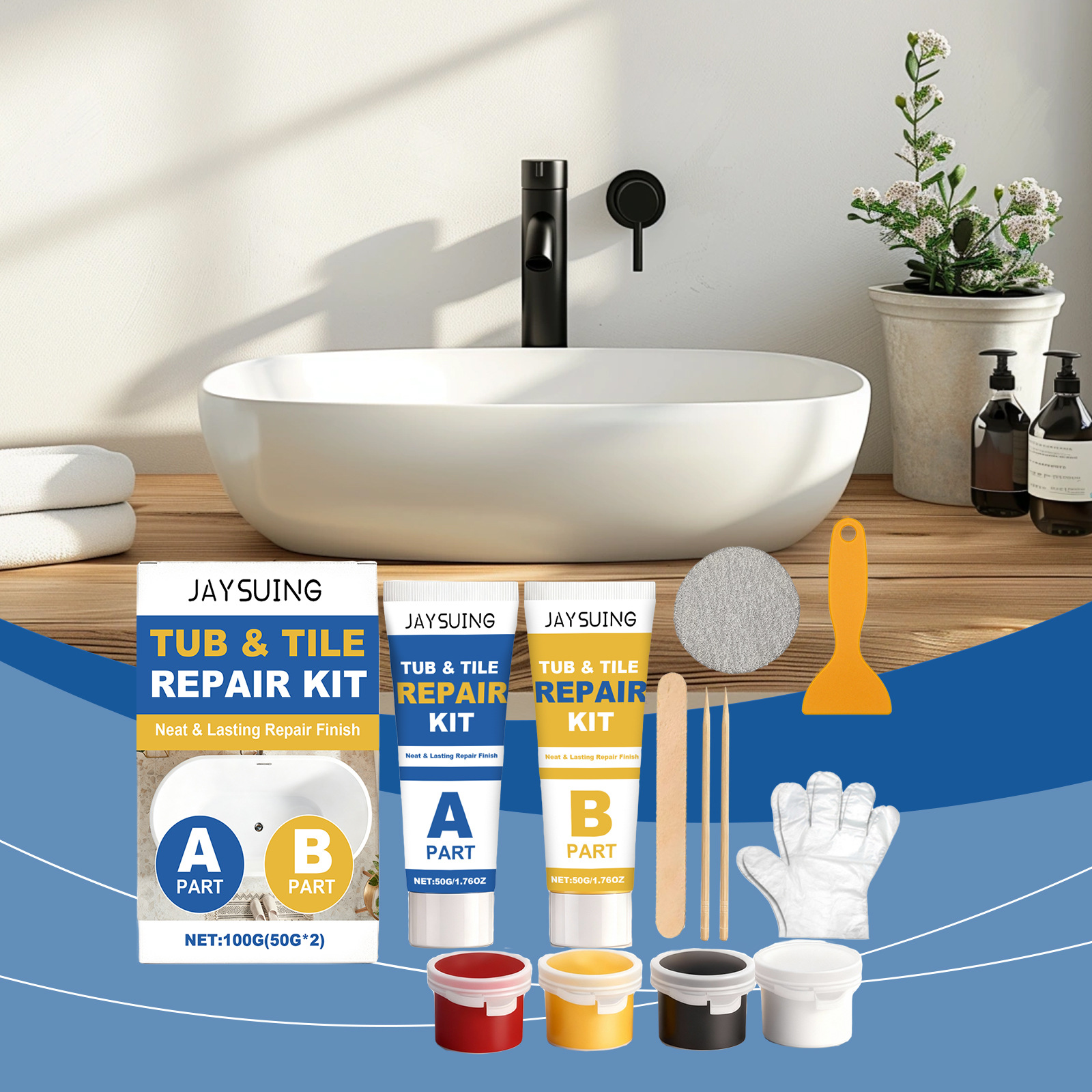 Fliesenreparaturset Für Den Heimgebrauch, Fugenmasse Für Keramik Und Marmor, Ab-kleber-set Zum Versiegeln Und Reparieren – 2 X 50 G + Spachtel + 2 X Schleifpapier + 1 X Rührstab + 2 X Zahnstocher + 4
