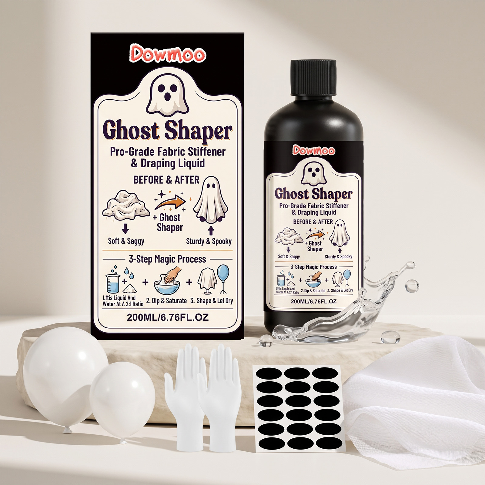Geisterhafter Weichmacher Für Diy-bastelarbeiten, Stoffhärter, Halloween-dekorationsmaterial, Textilfixierflüssigkeit – 200 Ml1, Gaze1, Nitrilhandschuhe2, Schwarze Klebestreifen1, Weiße Luftballons3 -