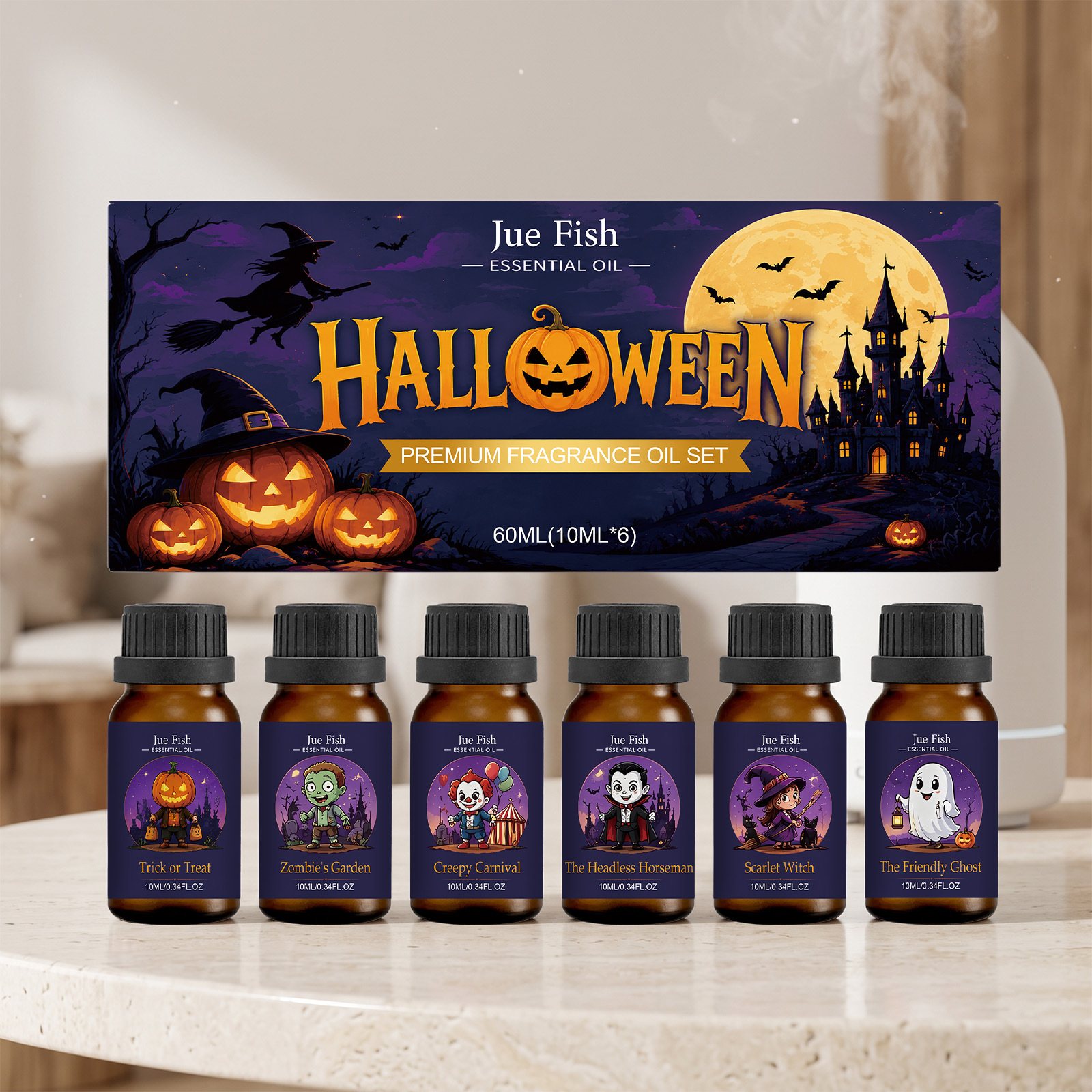 Halloween-aromatherapie-set Mit Ätherischen Ölen: Frischer Und Langanhaltender Duft Für Innen- Und Außenluft, Zur Schaffung Einer Halloween-atmosphäre (60 Ml X 10 Ml X 6) -- Biemmedue