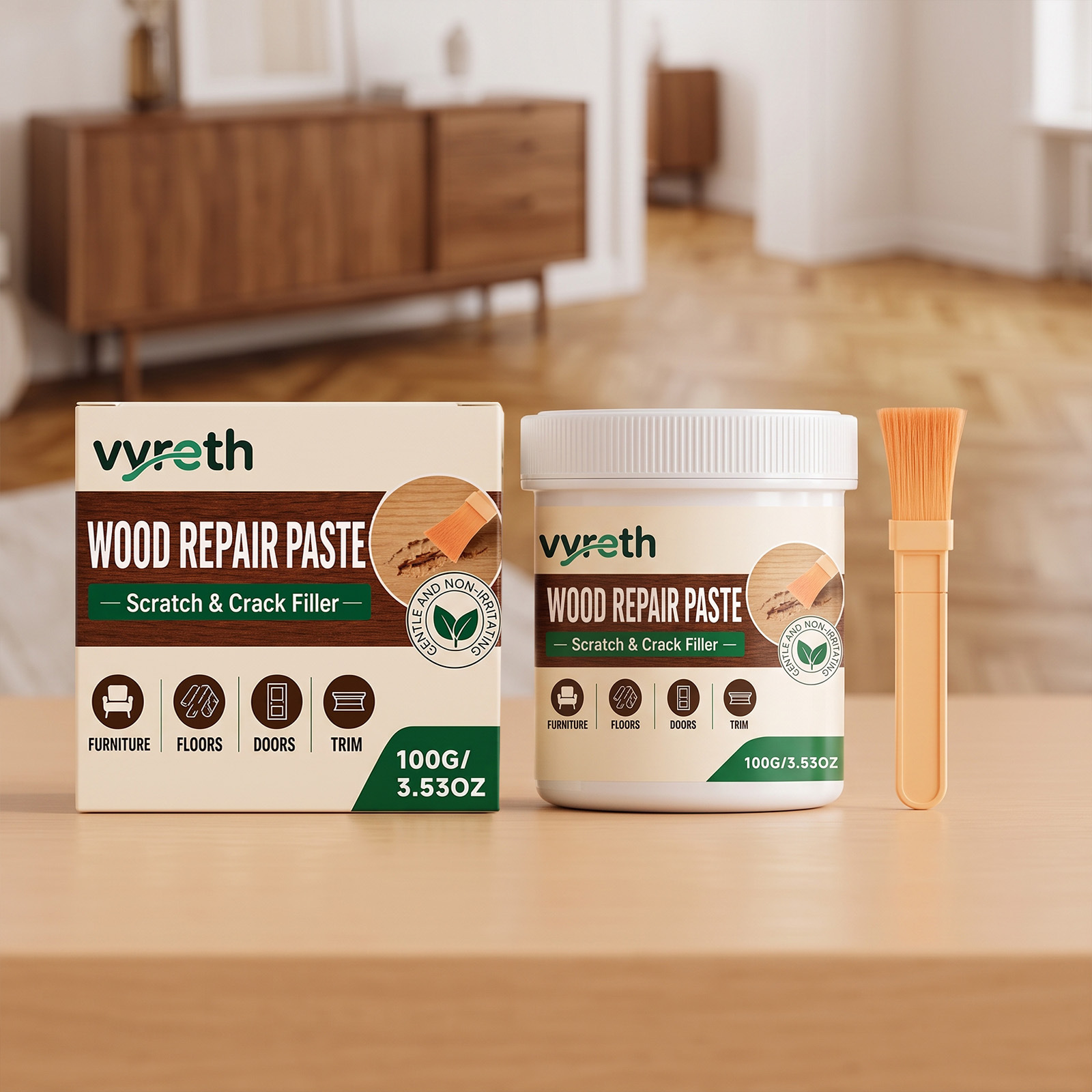 Holzreparaturpaste Für Kratzer Und Risse In Holzmöbeln Und -böden: Schonend Und Einfach Anzuwenden – 100 G + 1 Pinsel -- Biemmedue