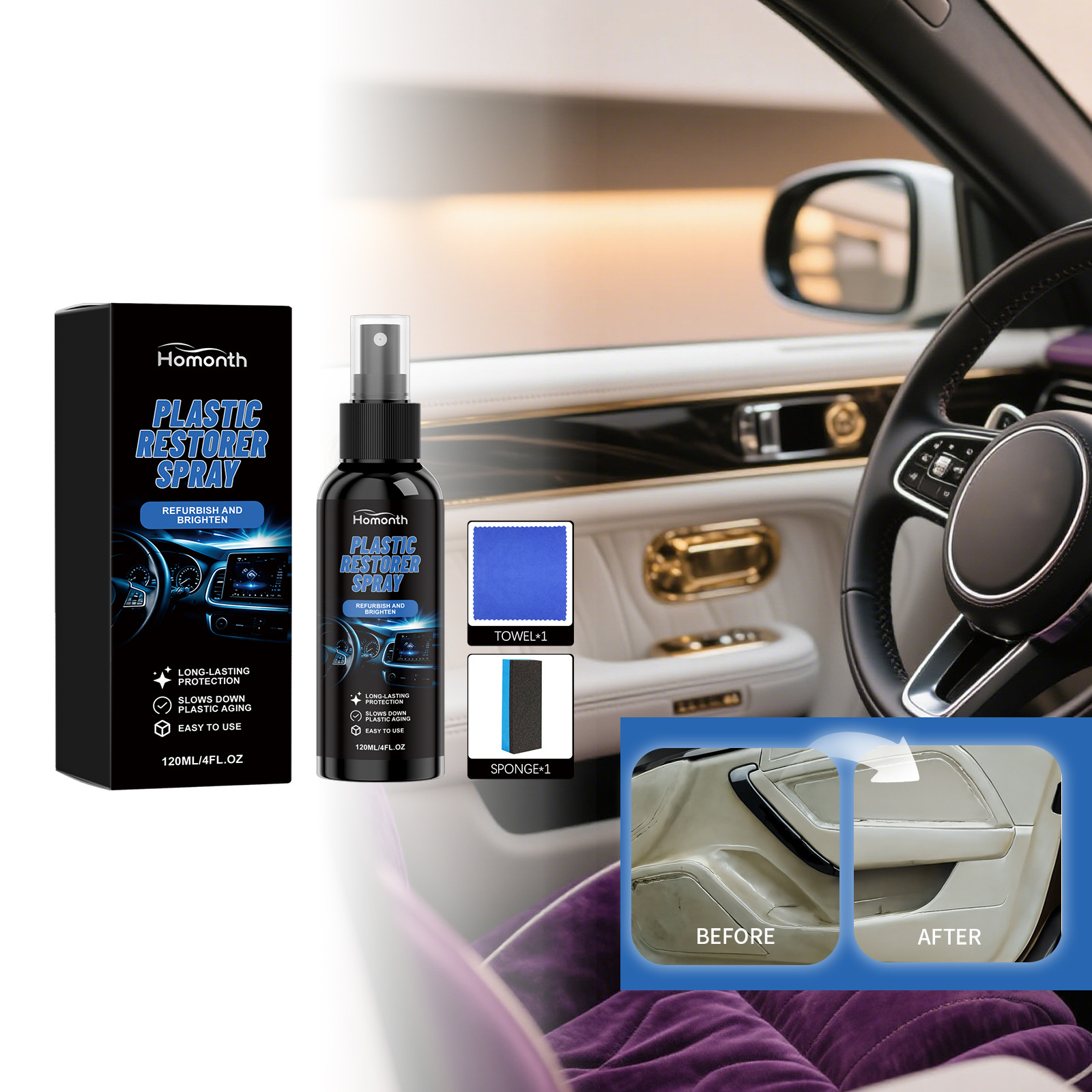 Kunststoffpflegespray Zur Glanzverbesserung Von Schwarzem Autoinnenraum Und Zur Reinigung Und Pflege Des Armaturenbretts – 120 Ml, Schwamm, Tuch -- Biemmedue