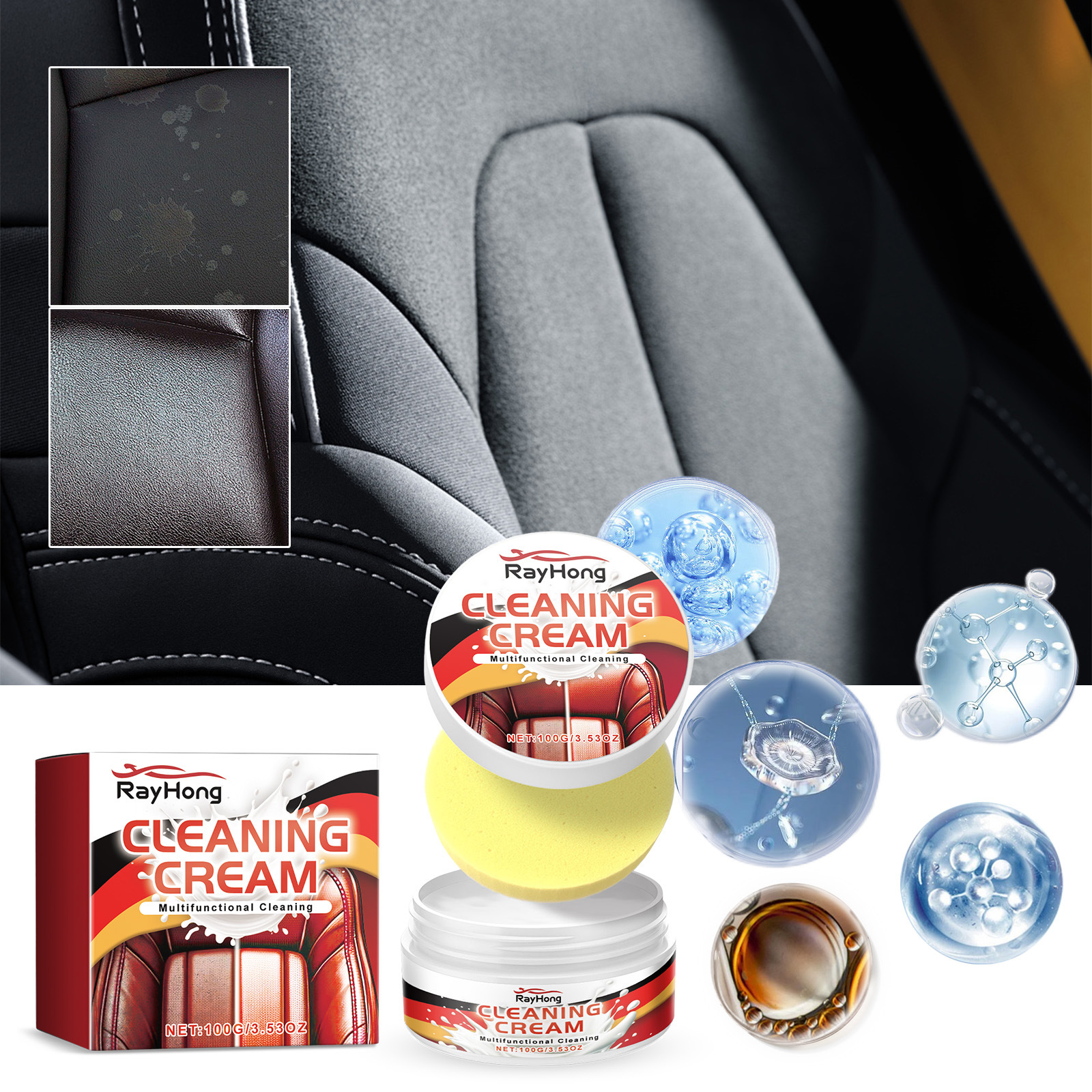 Lederpflegecreme Für Autositze Und Armaturenbrett – Reinigung, Fleckenentfernung, Pflege Und Aufbereitung – 100 G + Schwamm -- Biemmedue