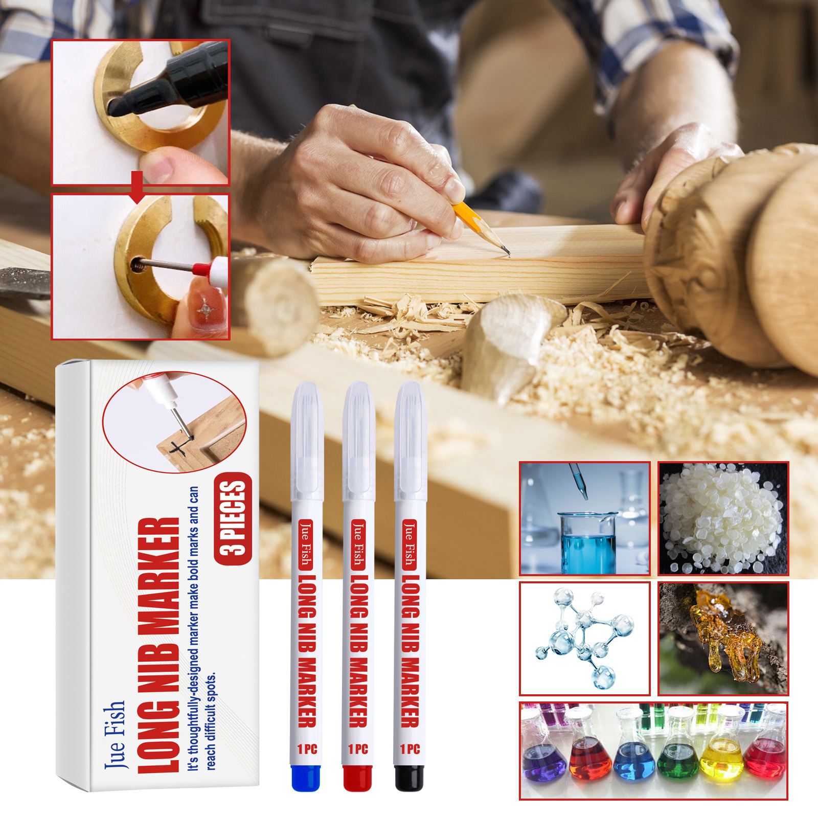 Markierstift Mit Langer Spitze Und Tiefem Loch Für Holz, Möbel, Wasserfest, Flüchtig, Mehrfarbig, Langlebig Für Die Holzbearbeitung – 3 Stück (blau/rot/schwarz) -- Biemmedue