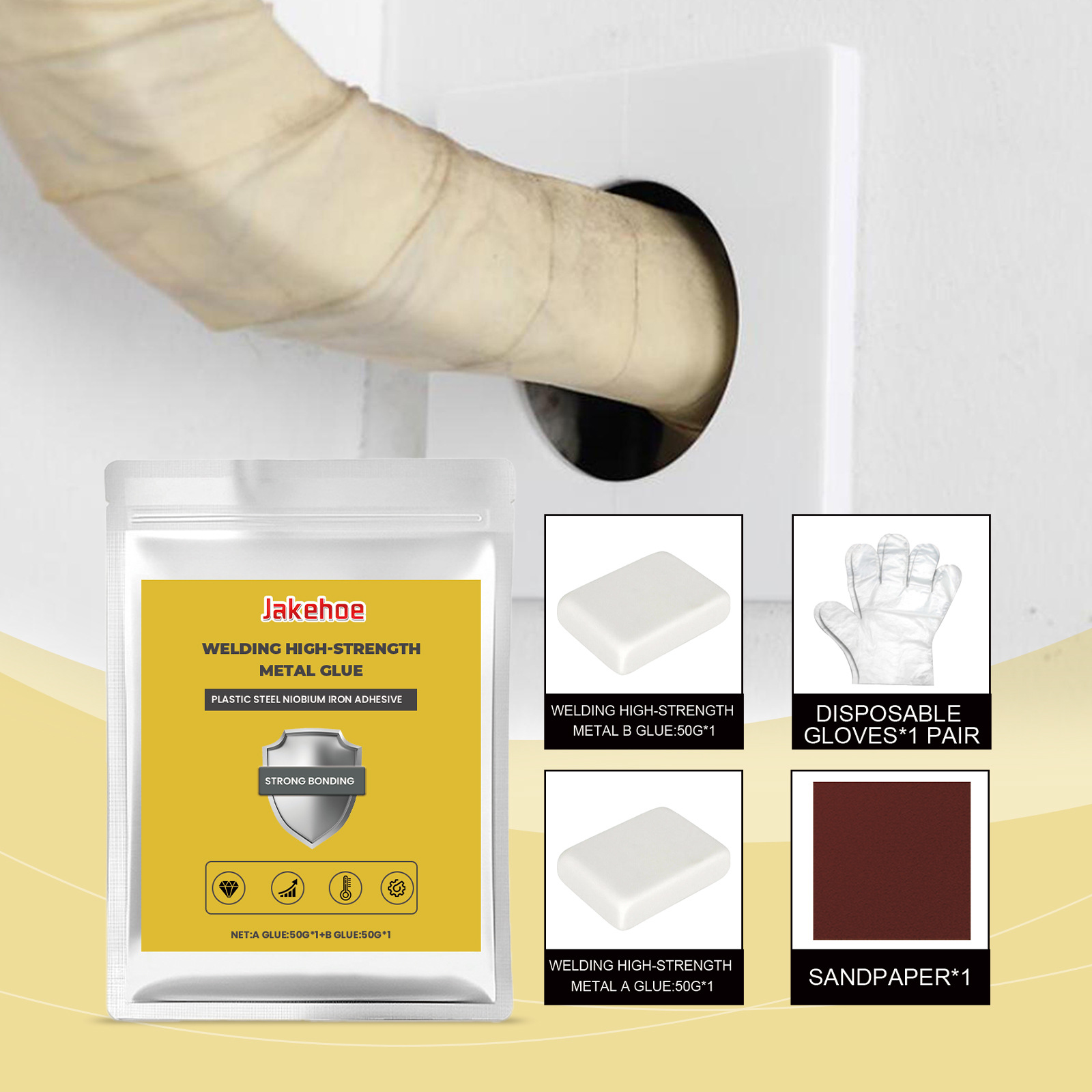 Metallklebstoff Zum Stabilisieren Von Schweißarbeiten, Metallschweißkitt, Metallklebstoff Zum Formen Und Füllen Von Metallen – Klebstoff A 50 G × 1 + Klebstoff B 50 G × 1 + Schleifpapier × 1 Stück + H