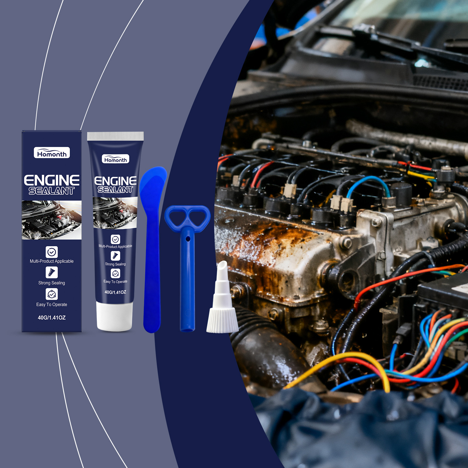 Motordichtmittel, Geeignet Für Autos Und Motorräder, Zur Motorwartung, Abdichtung, Wasserdichtung, Schnelltrocknend, Geruchlos – 40 G + Spachtel 1 + Walzenextruder 1 + Düse 1 -- Biemmedue